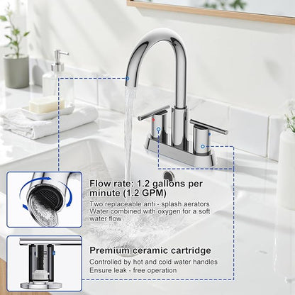 Hurran 4 Inch Bathroom Faucet for Sink 3 Hole, Chrome Bathroom Faucet with Pop-up Drain and 2 Supply Hoses,Stainless Steel Lead-Free 2-Handle Centerset Faucet for Sink Vanity RV