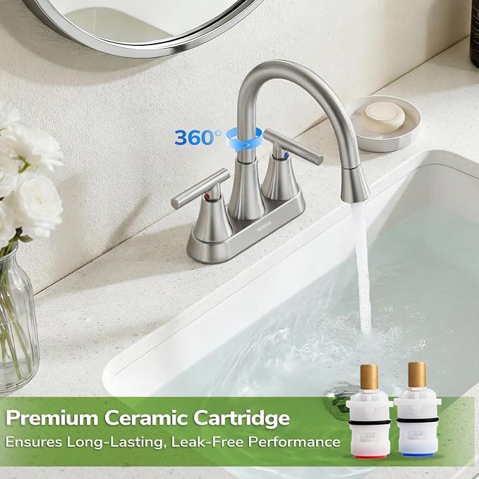 Centerset Bathroom Faucet with Pull Out Sprayer, 4 Inch 2 Handle Sink Faucet with Pop Up Drain, Stainless Steel Vanity Faucet with 2 Supply Hoses, Brushed Nickel