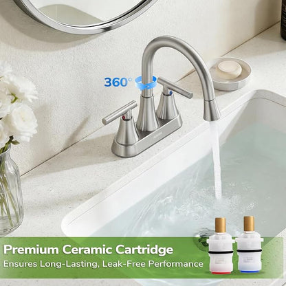 Centerset Bathroom Faucet with Pull Out Sprayer, 4 Inch 2 Handle Sink Faucet with Pop Up Drain, Stainless Steel Vanity Faucet with 2 Supply Hoses, Brushed Nickel