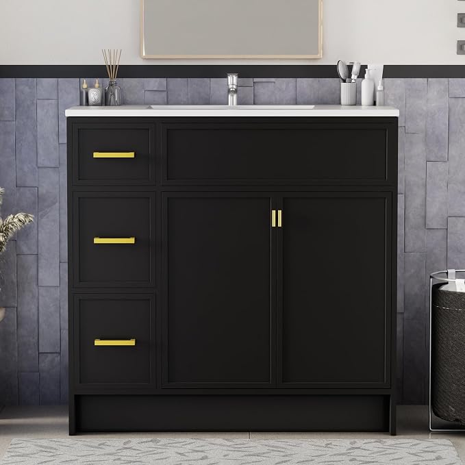 36 Inch Freestanding Bathroom Vanity with Sink, Shaker Style Black Cabinet with 3 Drawers & Double Doors, Waterproof Lacquer Finish, Ideal for Master Bathroom & Family Home