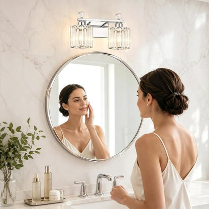Lxybcce Modern Crystal Bathroom Vanity Light, 14In 2-Lights Bathroom Light Fixtures, Chrome Vanity Light Fixtures Over Mirror, Easy Installation & Shadow-Free Illumination for Bathroom Mirror Decor