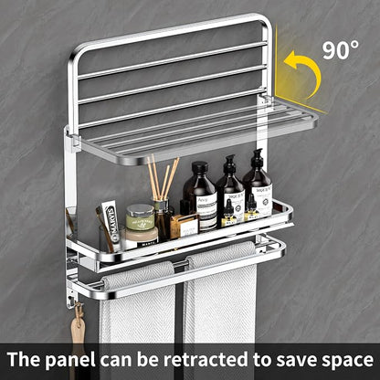 CAXIMSY Towel Rack with Shelf, 22.63" Bathroom Shelf with Double Towel Bars Stainless Steel, Wall Mounted, Foldable Top, 2 Hooks, Adhesive/Screw Install, Space-Saving for Small Bathrooms & Apartments