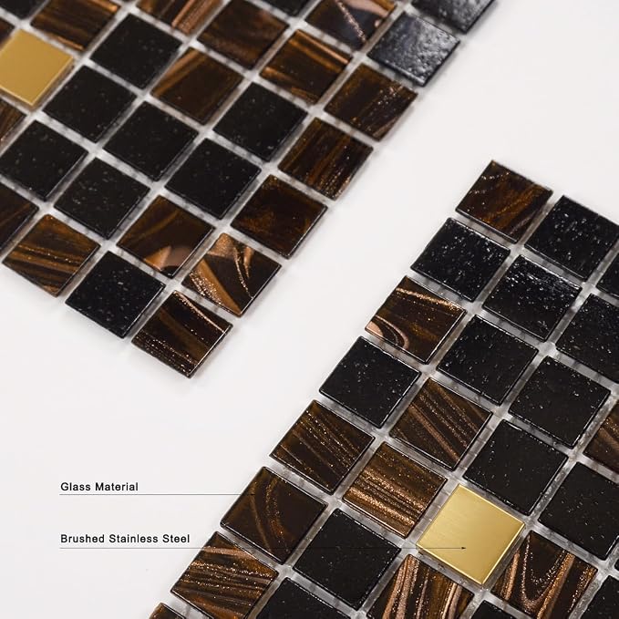 11.5 sq.ft Black Brown Glass Mosaic Tile for Bathroom, Pool, Backsplash | Waterproof Wall & Floor Tile. Heat & frost resistant outdoors. Mesh-mounted easy install. Use any grout. Easy clean. 10pcs.