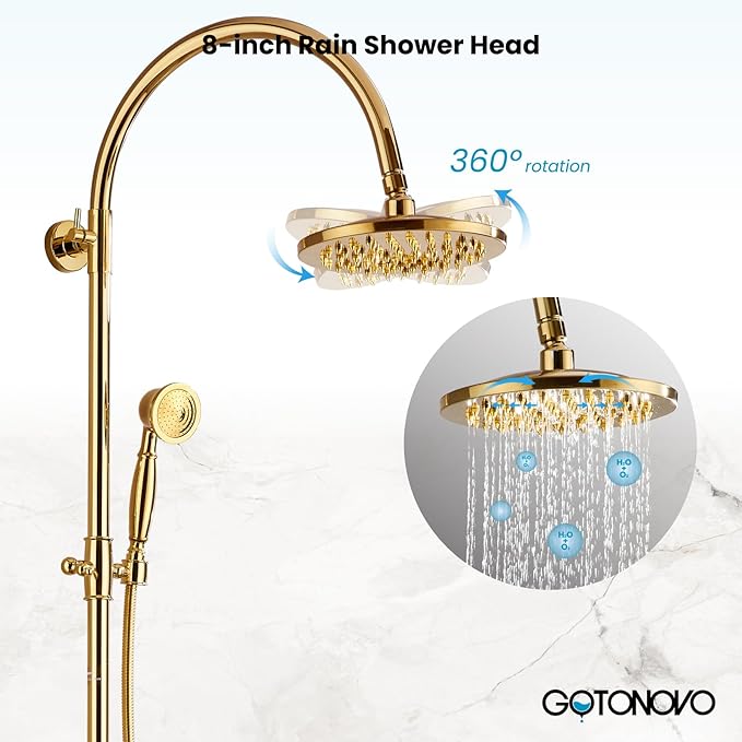 gotonovo Exposed Bathroom Shower Faucet Wall Mounted Shower System 8 Inch Shower Head and Tub Spout Double Cross Handles Adjustable Handheld Sprayer Curved Pipe Polished Gold