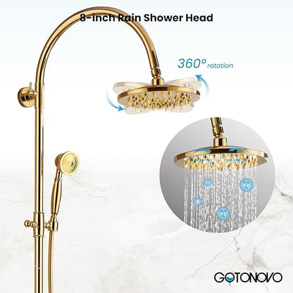gotonovo Exposed Bathroom Shower Faucet Wall Mounted Shower System 8 Inch Shower Head and Tub Spout Double Cross Handles Adjustable Handheld Sprayer Curved Pipe Polished Gold