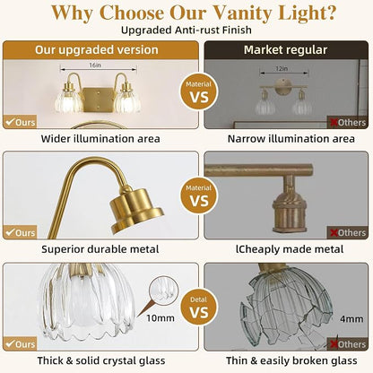 2-Light Bathroom Vanity Light, Gold Vanity Light, Antique Brass Sconces with Tulip Glass Shade, Mid Century Hardwired Wall Sconces for Bedroom, Living Room, Hallway