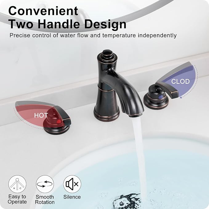 8 Inch Oil Rubbed Bronze Bathroom Faucet Widespread Brass Bathroom Sink Faucet 3 Hole, 2 Handle with Pop up Drain & Pre-Installed Water Hose
