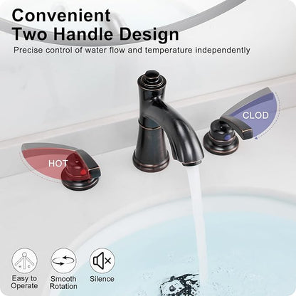 8 Inch Oil Rubbed Bronze Bathroom Faucet Widespread Brass Bathroom Sink Faucet 3 Hole, 2 Handle with Pop up Drain & Pre-Installed Water Hose