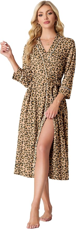 PrinStory Robes for Women 3/4 Sleeve Long Bath Robe XS-4XL | V-Neck Knit Bathrobe with Pockets, Lightweight, Soft, Breathable Robes for Shower, Spa, Travel, Home, Party, Nursing