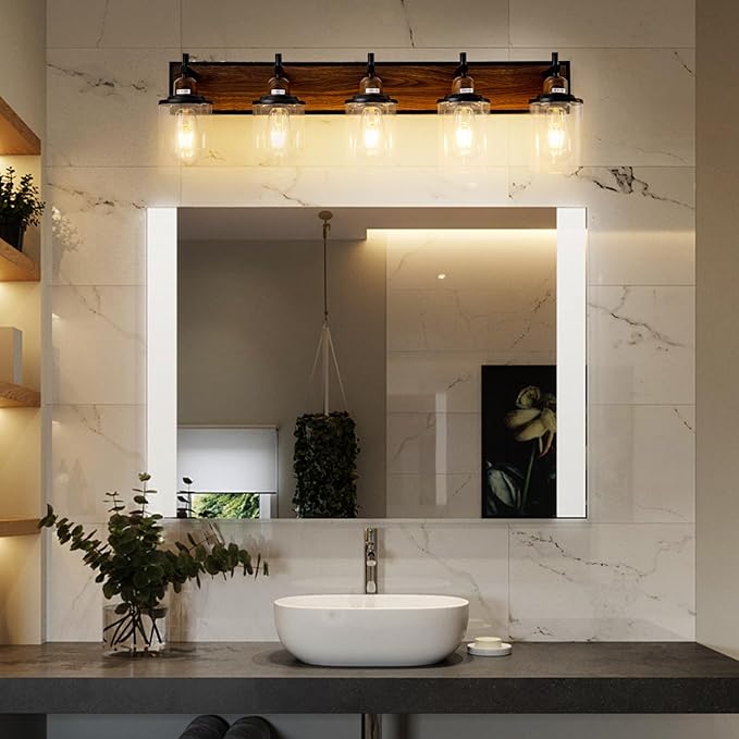 4-Light Farmhouse Bathroom Light Fixtures Vintage Bathroom Vanity Lights Over Mirror Black and Wood Painted Metal Vanity Light for Bathroom with Glass Shades E26 Socket