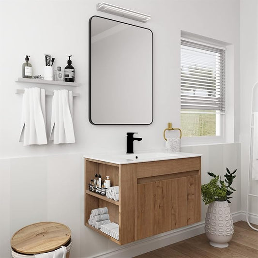 Henf 30 Inch Wall Mount Bathroom Vanity W/Sink Combo, Modern Design Vanity Cabinet with White Ceramic Basin, Floating Mounting Bathroom Cabinet Set with Double Doors and Adjustable Storage Shelf