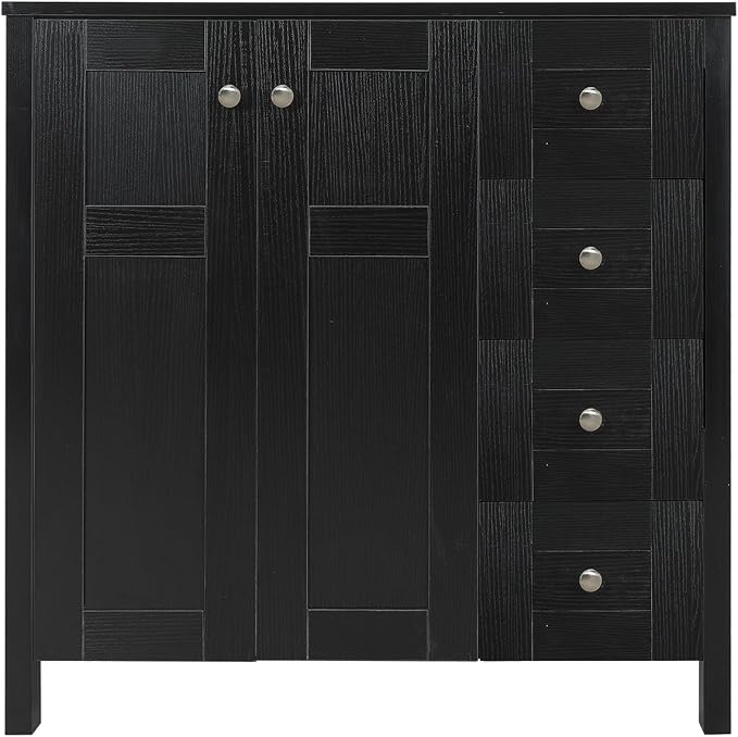 32'' Bathroom Vanity with Sink, Modern Bathroom Cabinet, Black | 2 Soft-Close Cabinet Doors, 4 Drawers, 2-Tier Inner Shelf, Freestanding Large Storage Cabinet, Without Sink