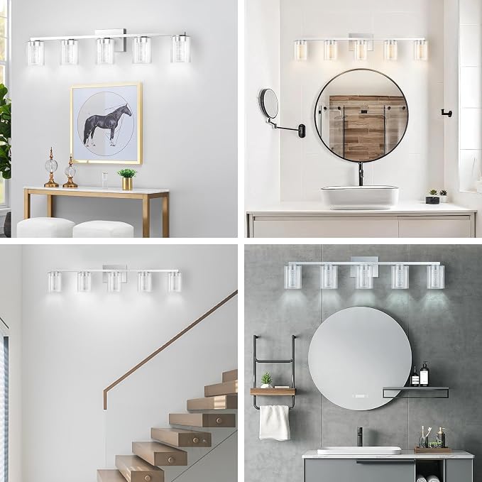 LED Modern Bathroom Light Fixtures Over Mirror, 5-Light Brushed Nickel Vanity Lights with 5 Color Modes, Dimmable Bathroom Vanity Light with Crystal Bubble Glass, 2700K-6500K Adjustable, ETL