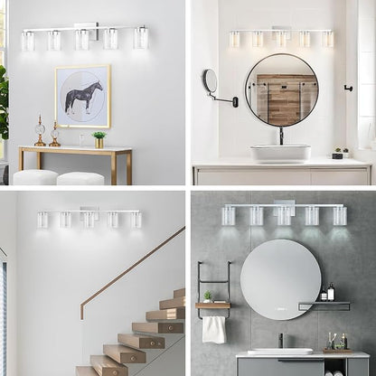 LED Modern Bathroom Light Fixtures Over Mirror, 5-Light Brushed Nickel Vanity Lights with 5 Color Modes, Dimmable Bathroom Vanity Light with Crystal Bubble Glass, 2700K-6500K Adjustable, ETL
