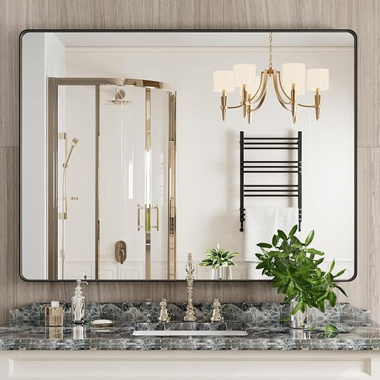 Black Bathroom Mirror 48X32 Inch, Black Metal Framed Mirror for Wall, Rounded Rectangle Matte Bathroom Vanity Mirror with Tempered Glass, Anti-Rust, Horizontal/Vertical