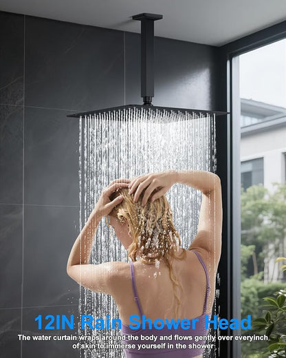 Shower System with Pressure Balance Valve, 12" Ceiling Mount Shower Faucet Set with 2 Rain Shower Head And Multi-function Handheld Head Push Button Diverter Pressure Balancing Valve Kit, Matte Black