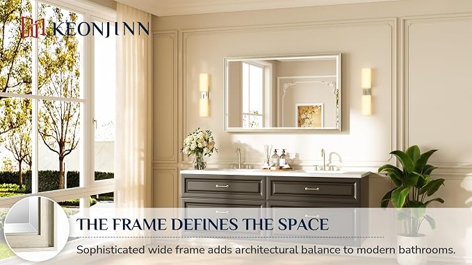 Keonjinn 48" x 30" Brushed Nickel Bathroom Mirrors for Over Sink, Aluminum | Safe Tempered Glass with Beveled Edge, Shatterproof, French Cleat, Lightweight, Metal Framed Mirror for Vanity, Silver