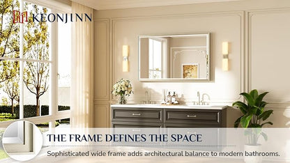 Keonjinn 48" x 30" Brushed Nickel Bathroom Mirrors for Over Sink, Aluminum | Safe Tempered Glass with Beveled Edge, Shatterproof, French Cleat, Lightweight, Metal Framed Mirror for Vanity, Silver