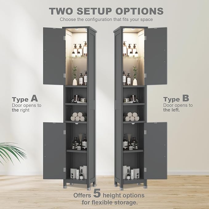 67" Tall Bathroom Storage Cabinet with Lights, Slim Narrow Bathroom Cabinet Organizer with Doors and Adjustable Shelves, Tall Cabinet for Small Space (66.9" Tall-Grey with Light)