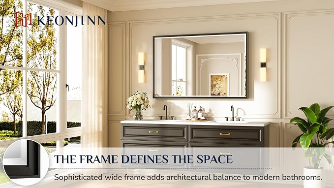 Keonjinn 55" x 36" Black Framed Bathroom Mirror, Safe HD Tempered Glass | Aluminum Alloy Frame Square Corner, Secure French Cleat, Modern Farmhouse Style, Large Black Bathroom Mirrors for Over Sink