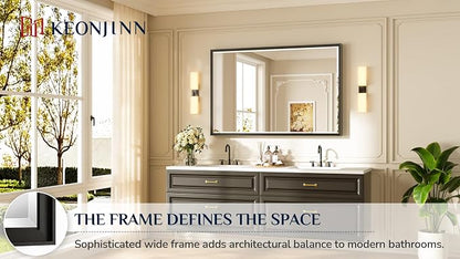 Keonjinn 55" x 36" Black Framed Bathroom Mirror, Safe HD Tempered Glass | Aluminum Alloy Frame Square Corner, Secure French Cleat, Modern Farmhouse Style, Large Black Bathroom Mirrors for Over Sink