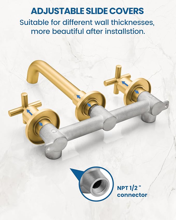 Airuida Solid Brass Brushed Gold Wall Mount Bathroom Faucet | 360° Swivel Spout,Rough in Valve,2 Cross Handle,3 Hole,Widespread