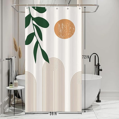 Boho Mid Century Shower Curtain Abstact Arch Sun Leaves Modern Minimalist Geometric Plant Aesthetic Shower Curtains Polyester Fabric Bathroom Decoration Curtain with Hooks 36x72 inch