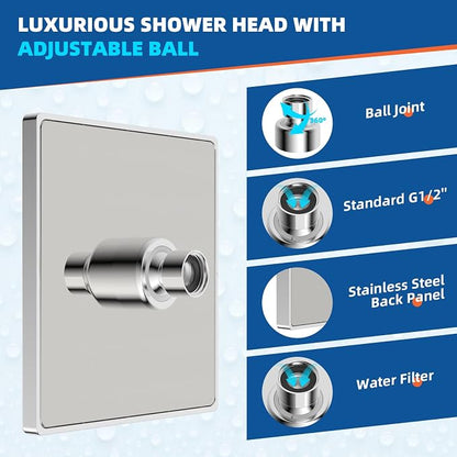 Hibbent cUPC Certified Thickness Metal 6'' Square Rain Shower Head, Chrome | High Pressure Shower Head, Bathroom Waterfall Shower Heads, High Flow Fixed Showerheads with Adjustable Brass Ball Joint