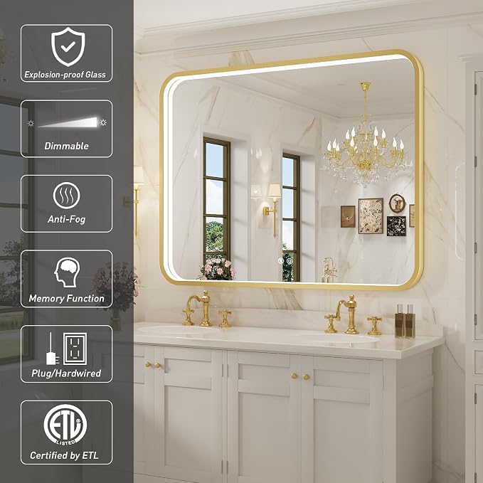43X36 Inch Gold Framed LED Lighted Bathroom Mirror