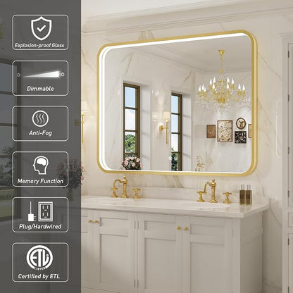 43X36 Inch Gold Framed LED Lighted Bathroom Mirror