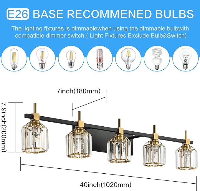 SOLFART Crystal 5 Lights Bathroom Lights Over Mirror Bathroom Vanity Lights for Mirror Bathroom Vanity Lights 5T
