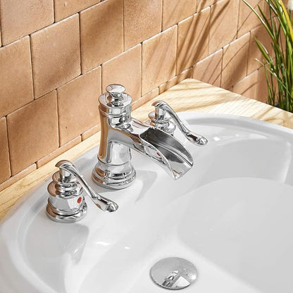 BWE 8 Inch Widespread Bathroom Faucet Chrome with Pop Up Drain and Supply Hose Two-Handle 3 Holes Waterfall Bathroom Sink Faucet Lavatory Mixer Tap