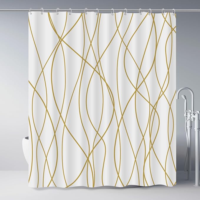 Striped Shower Curtain for Bathroom, Gold Light Brown White, 72x72 | with Hooks, Modern Hotel Style, Water Repellent, Washable, Weighted Hem