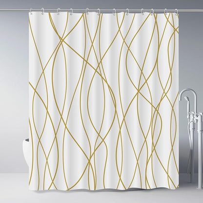 Striped Shower Curtain for Bathroom, Gold Light Brown White, 72x72 | with Hooks, Modern Hotel Style, Water Repellent, Washable, Weighted Hem