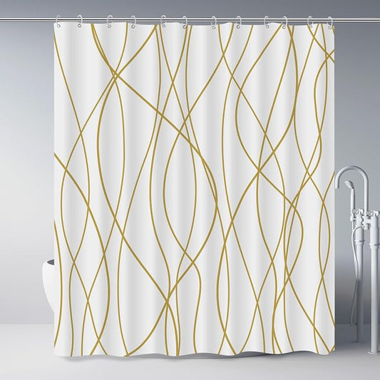 Striped Shower Curtain for Bathroom, Gold Light Brown White, 72x72 | with Hooks, Modern Hotel Style, Water Repellent, Washable, Weighted Hem