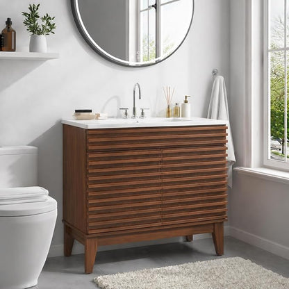 36 Inch Bathroom Vanity with Sink, Walnut Fluted Freestanding Bathroom Vanity Cabinet with Ceramic Sink Top, Solid Wood Legs, Soft Close Double Doors and Modern Storage Cabinet