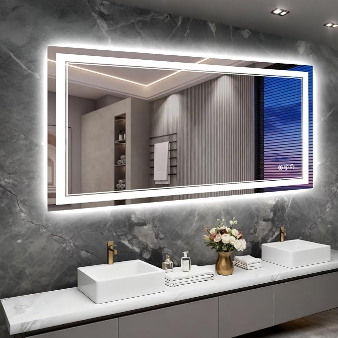 60x28 Inch LED Bathroom Mirror with Lights, 3 Colors Dimmable LED Vanity Mirror, Front and Back Lit, Anti-Fog, Memory Function, Shatterproof Tempered Glass, ETL Listed, Wall Mounted Makeup Mirror