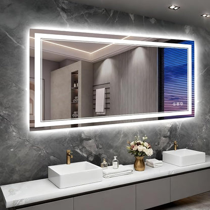 60x28 Inch LED Bathroom Mirror with Lights, 3 Colors Dimmable LED Vanity Mirror, Front and Back Lit, Anti-Fog, Memory Function, Shatterproof Tempered Glass, ETL Listed, Wall Mounted Makeup Mirror
