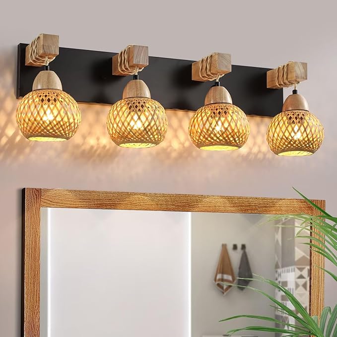 Farmhouse Bathroom Light Fixture, 4-Light Boho Vanity Light, Bamboo Bathroom Light Fixture Over Mirror Rustic Vanity Lighting with Handmade Bamboo Shades, Suit for Restroom, Bedroom, Hallway