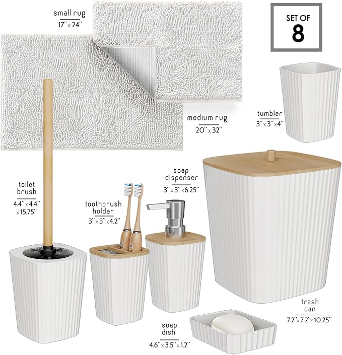 Clara Clark Bathroom Set - White Bathroom Accessories Set, 6PC Bathroom Accessory Set, Bathroom Sets with Bathroom Rugs, Toilet Brush, Trash Can & Soap Dispenser