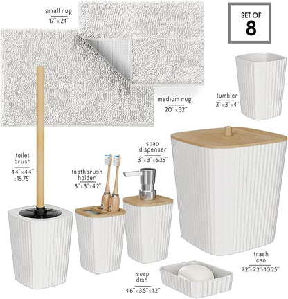 Clara Clark Bathroom Set - White Bathroom Accessories Set, 6PC Bathroom Accessory Set, Bathroom Sets with Bathroom Rugs, Toilet Brush, Trash Can & Soap Dispenser