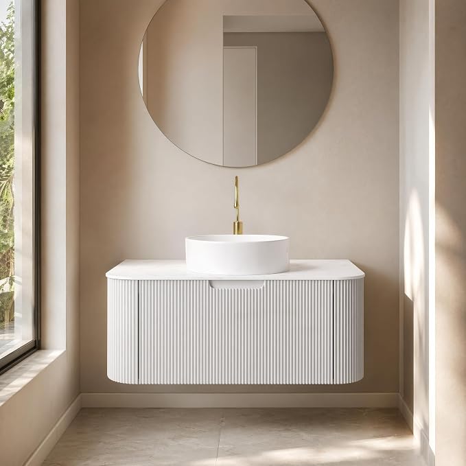 36 Inch Bathroom Vanity with Sink, Floating Wall Mounted Single Sink Vanity, White Curved Fluted Front, Stone Top, Pure White Round Vessel Basin, Pre-Assembled