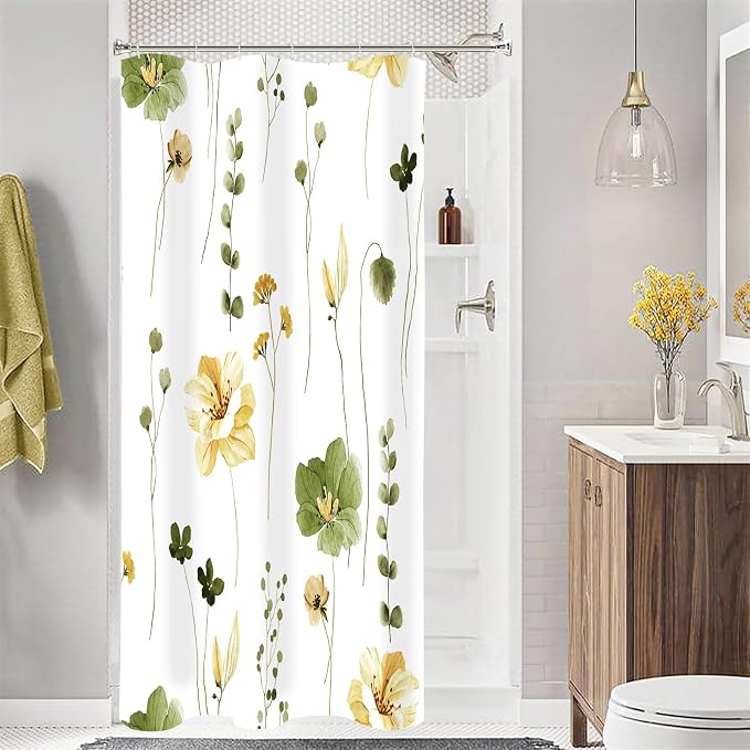 Olive Green Beige Watercolor Floral Fabric Shower Curtain, 36x72 | Waterproof Fabric, Modern Minimalist Floral Print, Machine Washable, Rustproof Grommets, for Bath Home, Small Stall