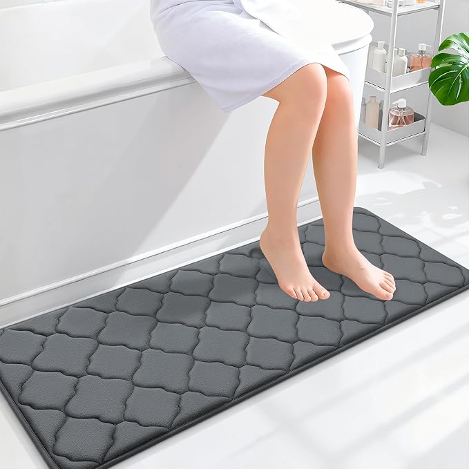 OLANLY Memory Foam Bath Mat Rug 47x17, Ultra Soft and Absorbent Bathroom Rugs, Non-Slip, Comfortable, Machine Washable Bath Carpet for Bathroom Floor, Tub, Shower and Home Decor Accessories, Dark Grey
