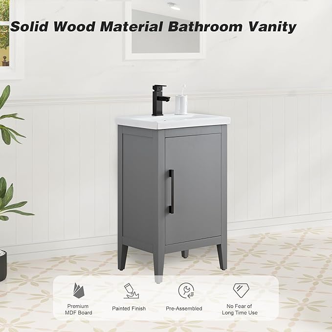 HomeBeyond 20 Inch Bathroom Vanity with Sink & Ceramic Top, Single Vanity Cabinet with Basin, Soft-Closing Doors & Matte Black Hardware, Grey
