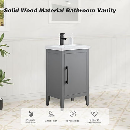 HomeBeyond 20 Inch Bathroom Vanity with Sink & Ceramic Top, Single Vanity Cabinet with Basin, Soft-Closing Doors & Matte Black Hardware, Grey