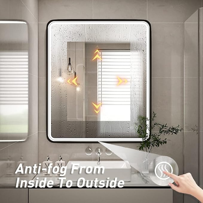 30X36 Inch LED Lighted Bathroom Mirror,Black Frame,3 Color | Lighted Vanity Mirror, Large Wall Mounted Makeup Mirror, 6000K, Dimmable Anti-Fog