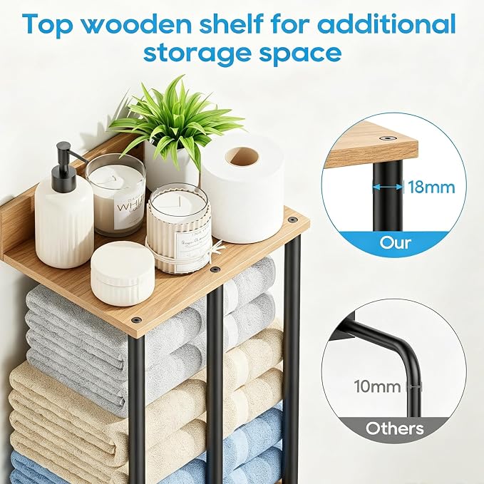 Towel Racks for Bathroom Wall Mounted with Wooden Storage Shelf | Updated 3 Bar Metal Towel Holder for Rolled Towels, Sturdy and Large Capacity, Towel Storage Organizer