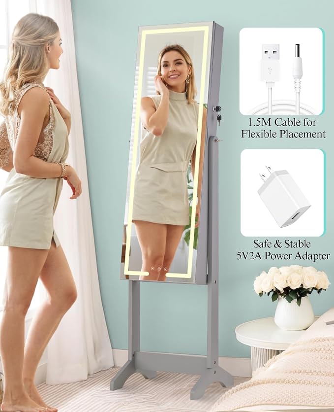 LUXFURNI Standing Jewelry Armoire Cabinet with Full‑Length Mirror Storage | 3‑Color LED Lights, 3 Brush Holders, 3 Adjustable Tilt Angles, True‑to‑View Glass, USB‑Powered Supply, Lockable Design