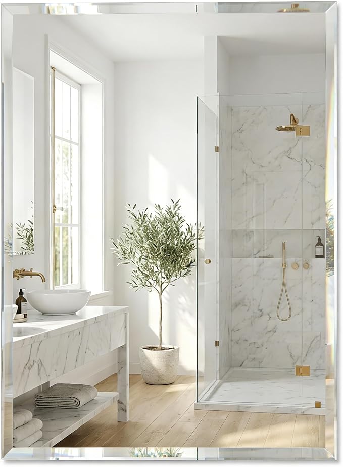 24"x36" Frameless Beveled Rectangular Bathroom Mirror for Over Sink | Broad coverage balances wider vanities and double-sink layouts, while polished edges keep the wall open, bright and refined